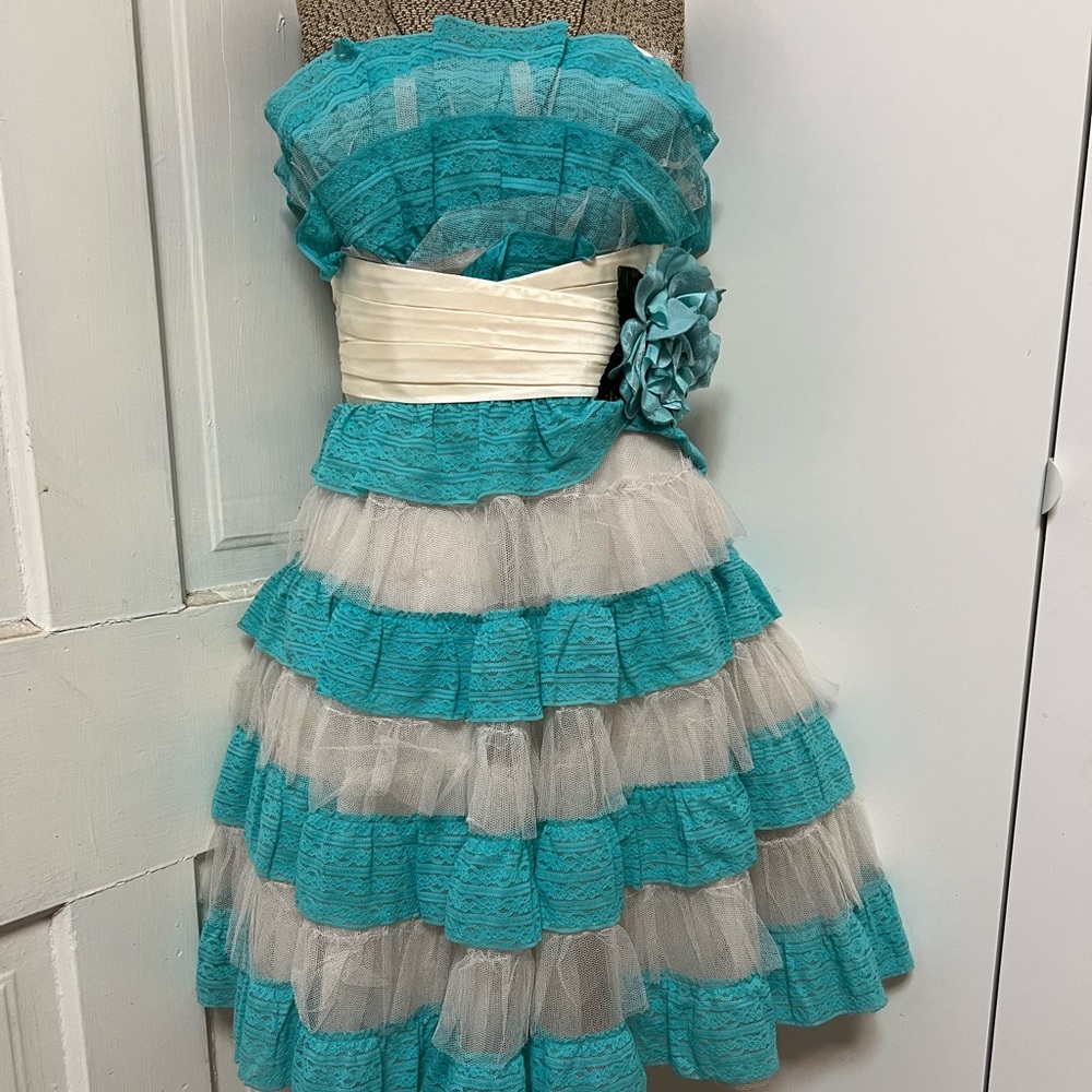 Betsey Johnson Blue and white dress with ruffles